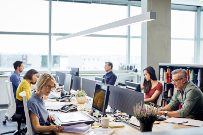 Business people working at desk. Male and female professionals are sitting by windows. Colleagues are sitting in textile industry.