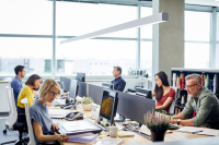 Business people working at desk. Male and female professionals are sitting by windows. Colleagues are sitting in textile industry.