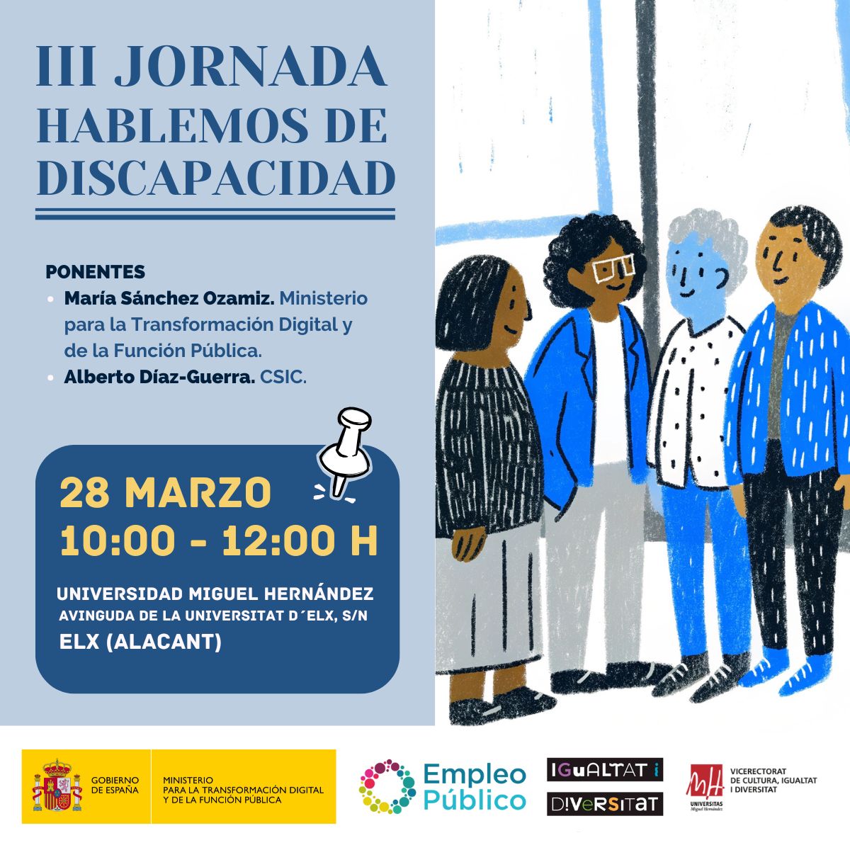cartel sobre III Jornada Hablemos de discapacidad, 28 de marzo, Universidad Miguel Hernández, Elx, Alacant