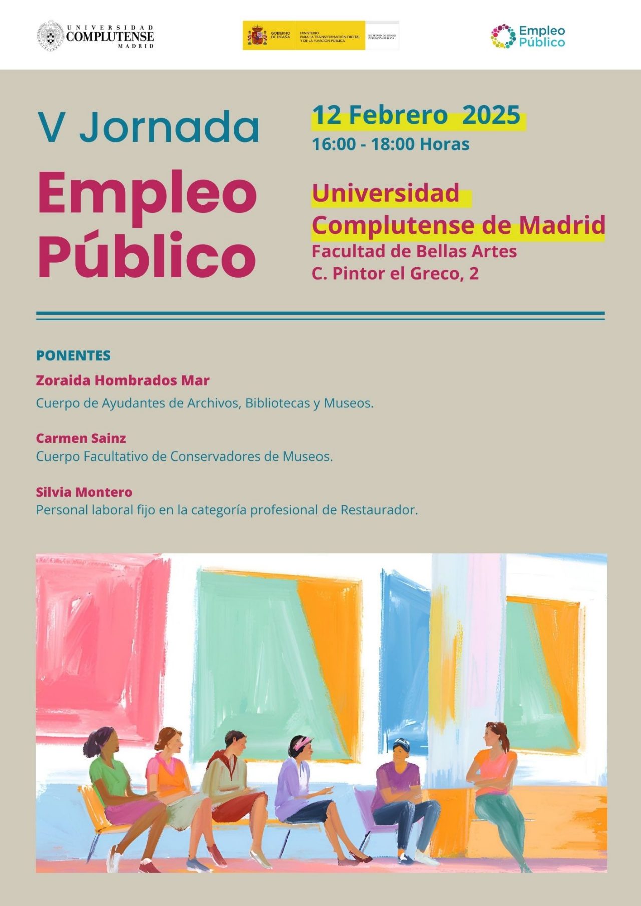cartel sobre V Jornada de Empleo Público, 12 de febrero, Facultad Bellas Artes de la Universidad Complutense de Madrid