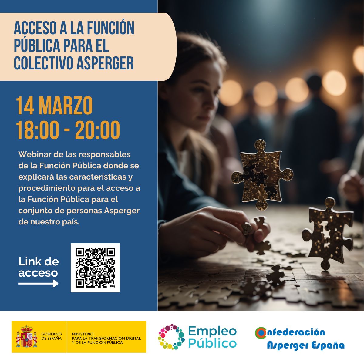 cartel sobre Webbinar sobre acceso a la Función Pública para el colectivo Asperger 14 de marzo