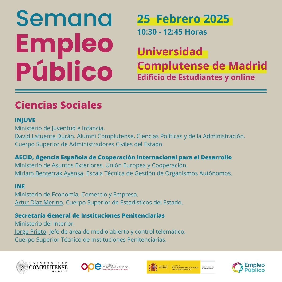 cartel sobre Semana de Empleo Público, 25 de febrero, Edificio Estudiantes UCM