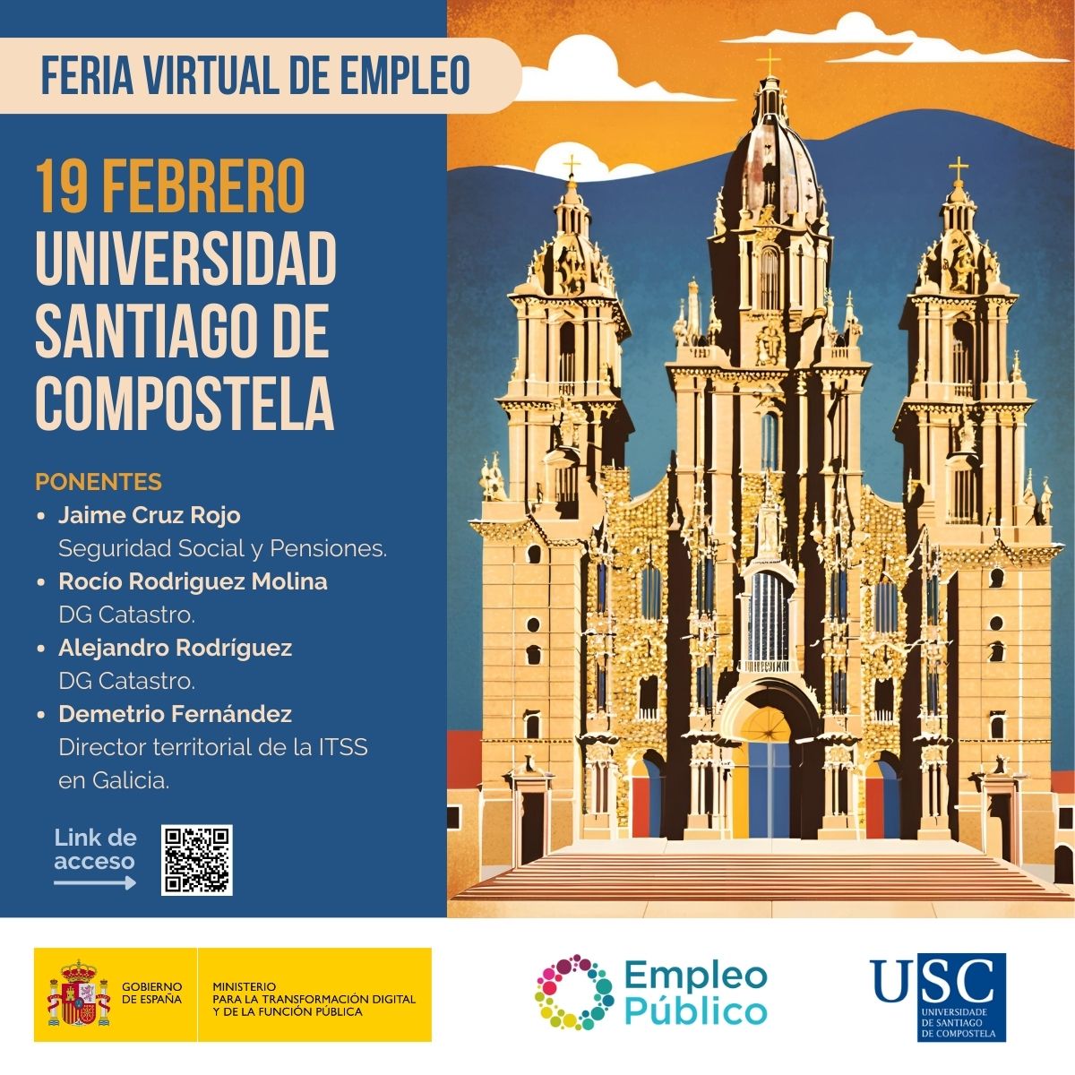 cartel sobre Feria virtual de Empleo Público, 19 de febrero, Universidad de Santiago de Compostela